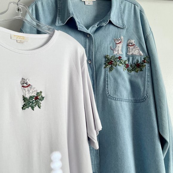 VTG Plus Size Tia Designs Holiday Top/Denim Blouse SET Beaded Embroidered Cat 1X - Picture 8 of 15